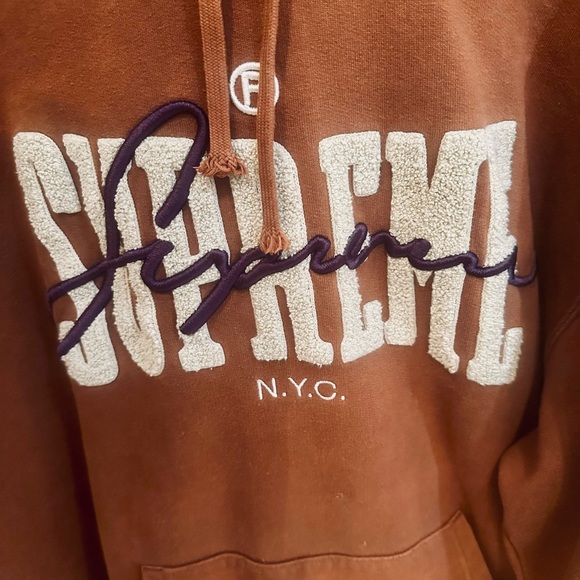 Supreme Other - Supreme Men’s Brown Hoodie with tan and purple logos. Size L.